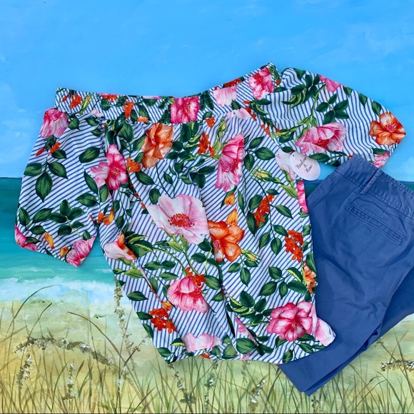 SOLD Harlow & Rose Blue Striped Floral Shoulder Top - Picture 7 of 11